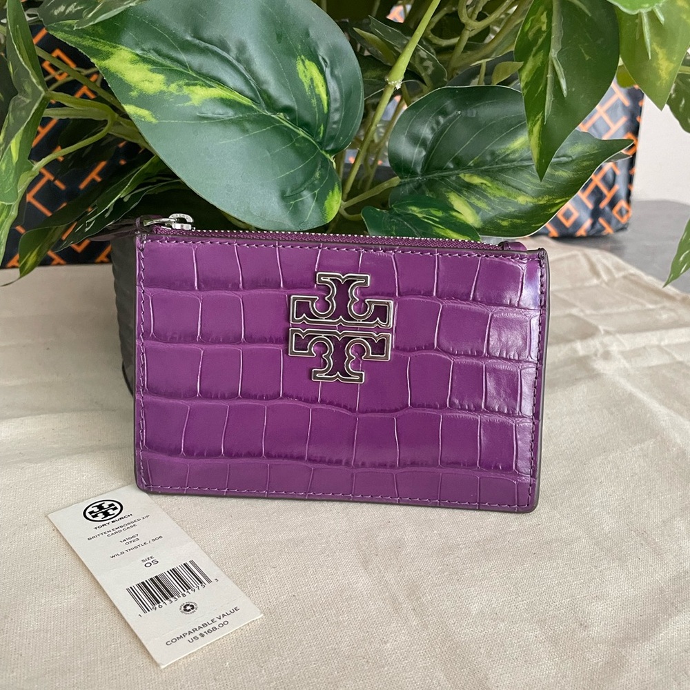 New✨ tory burch britten embossed zip card case wild thistle - Picture 2 of 12